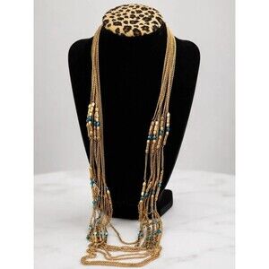 Gold Tone Multi-Strand Turquoise Beaded Statement Necklace